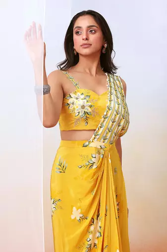Yellow Printed Pre Stitched Saree Set