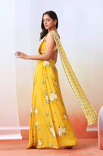 Yellow Printed Pre Stitched Saree Set
