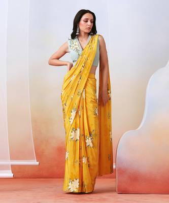 Yellow Printed And Embroidered Pre Stitched  Saree Set 1