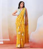 Yellow Printed And Embroidered Pre Stitched  Saree Set