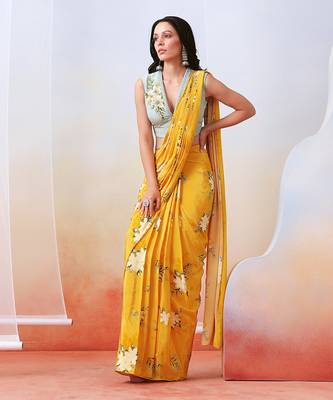 Yellow Printed And Embroidered Pre Stitched  Saree Set 2