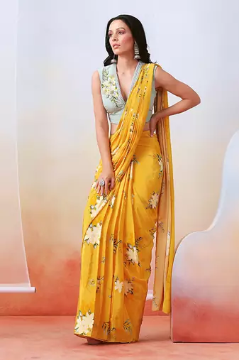 Yellow Printed And Embroidered Pre Stitched  Saree Set