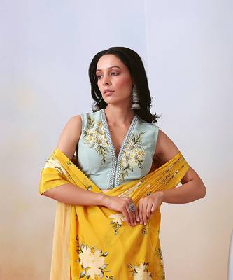 Yellow Printed And Embroidered Pre Stitched  Saree Set 3