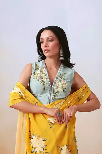 Yellow Printed And Embroidered Pre Stitched  Saree Set