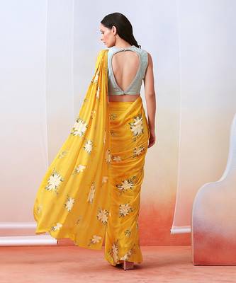 Yellow Printed And Embroidered Pre Stitched  Saree Set 4
