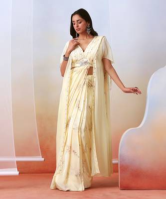 Off White Printed Pre Stitched
 Saree With Embroidered Cape 1
