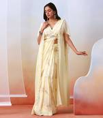 Off White Printed Pre Stitched
 Saree With Embroidered Cape