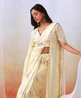 Off White Printed Pre Stitched
 Saree With Embroidered Cape 2