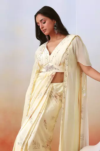 Off White Printed Pre Stitched
 Saree With Embroidered Cape