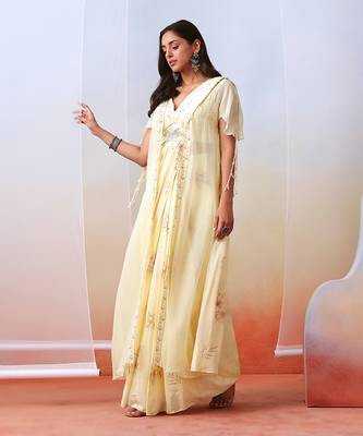 Off White Printed Pre Stitched
 Saree With Embroidered Cape 3