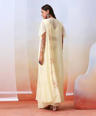 Off White Printed Pre Stitched
 Saree With Embroidered Cape 4