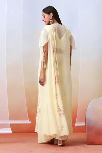 Off White Printed Pre Stitched
 Saree With Embroidered Cape