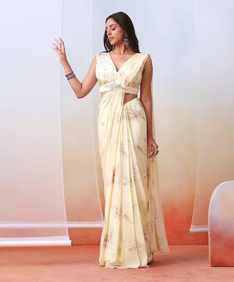 Off White Printed And Embroidered
 Pre Stitched Saree Set 1