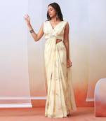 Off White Printed And Embroidered
 Pre Stitched Saree Set