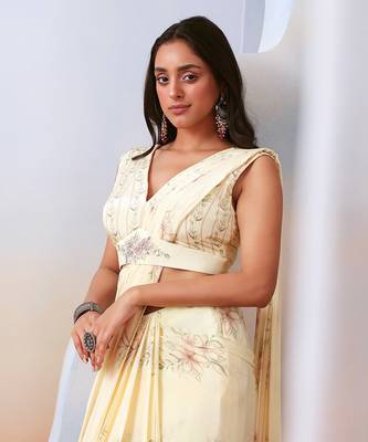 Off White Printed And Embroidered
 Pre Stitched Saree Set 2