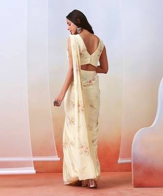 Off White Printed And Embroidered
 Pre Stitched Saree Set 3