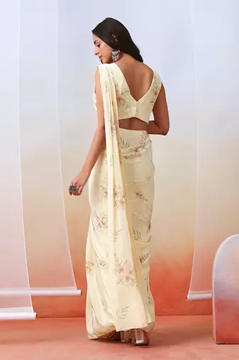 Off White Printed And Embroidered
 Pre Stitched Saree Set