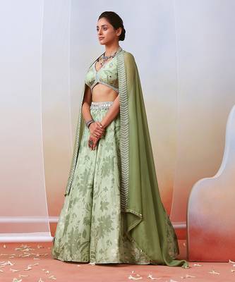 Sage Green Printed Embroidered Lehenga Set 1