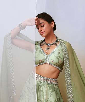 Sage Green Printed Embroidered Lehenga Set 2