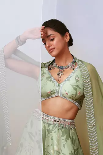 Sage Green Printed Embroidered Lehenga Set