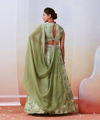 Sage Green Printed Embroidered Lehenga Set 3