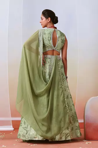 Sage Green Printed Embroidered Lehenga Set