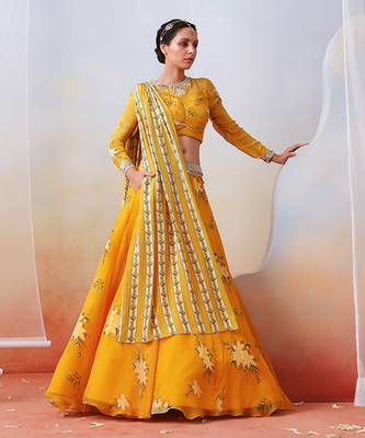 Yellow Printed Embroidered Lehenga Set 1