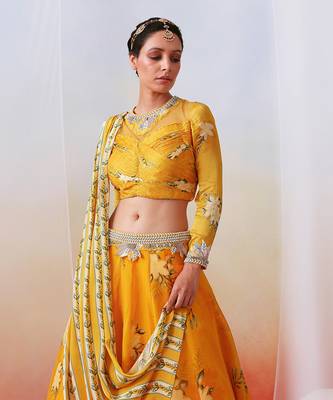 Yellow Printed Embroidered Lehenga Set 2