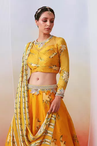 Yellow Printed Embroidered Lehenga Set