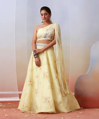 Off White Printed And Embroidered Drape Lehenga Set 1