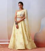 Off White Printed And Embroidered Drape Lehenga Set