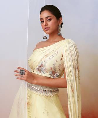 Off White Printed And Embroidered Drape Lehenga Set 2