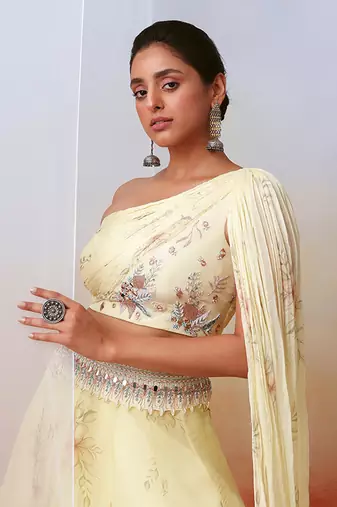 Off White Printed And Embroidered Drape Lehenga Set