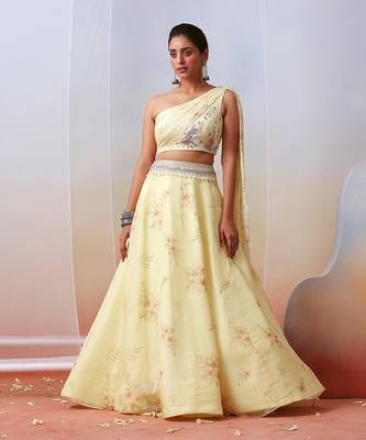 Off White Printed And Embroidered Drape Lehenga Set 3