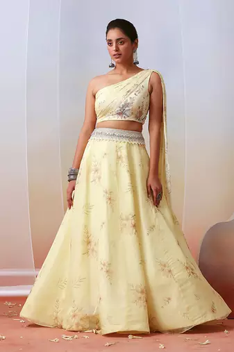 Off White Printed And Embroidered Drape Lehenga Set