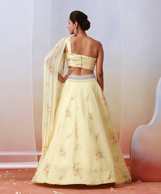 Off White Printed And Embroidered Drape Lehenga Set 4