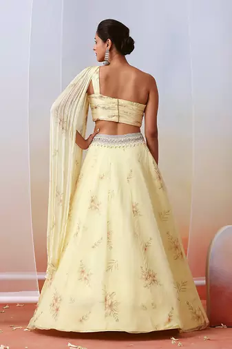 Off White Printed And Embroidered Drape Lehenga Set