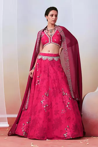 Pink Printed And Embroidered
 Lehenga Set