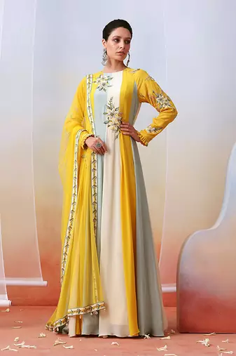 Multi Color Block Embroidered Anarkali Set