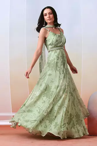 Sage Green Printed Drape
 Anarkali Set