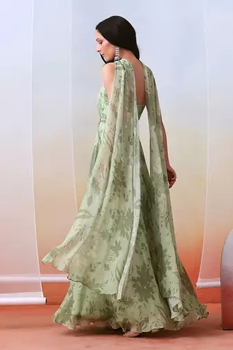 Sage Green Printed Drape
 Anarkali Set