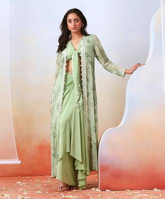 Sage Green Drape Skirt Set With Printed Cape Jacket 1