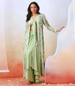 Sage Green Drape Skirt Set With Printed Cape Jacket