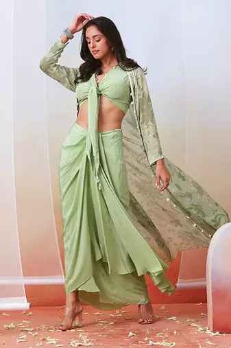 Sage Green Drape Skirt Set With Printed Cape Jacket