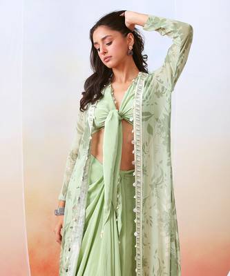 Sage Green Drape Skirt Set With Printed Cape Jacket 3