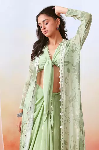 Sage Green Drape Skirt Set With Printed Cape Jacket