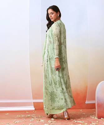 Sage Green Drape Skirt Set With Printed Cape Jacket 4