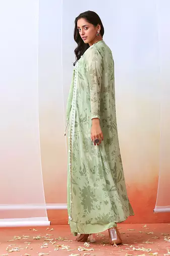 Sage Green Drape Skirt Set With Printed Cape Jacket