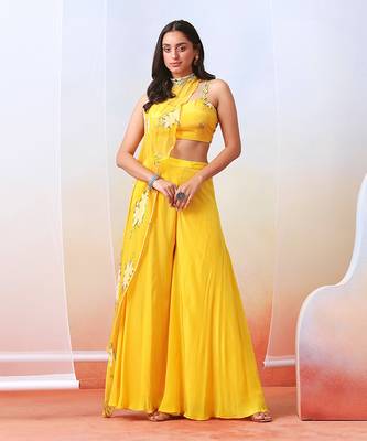 Yellow Printed Sharara Set With Embroidered  Drape Cape 1