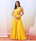 Yellow Printed Sharara Set With Embroidered  Drape Cape